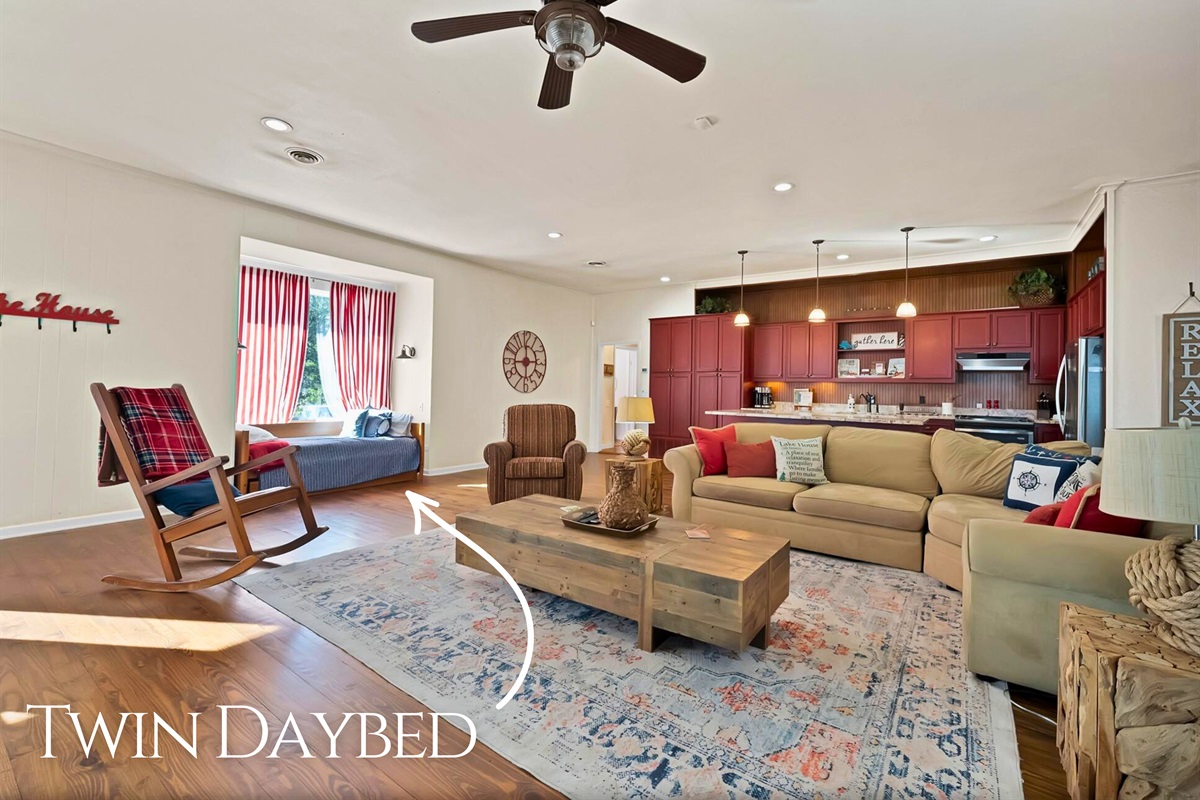 A warm, welcoming living room made for movie nights, naps, and easy hangs.