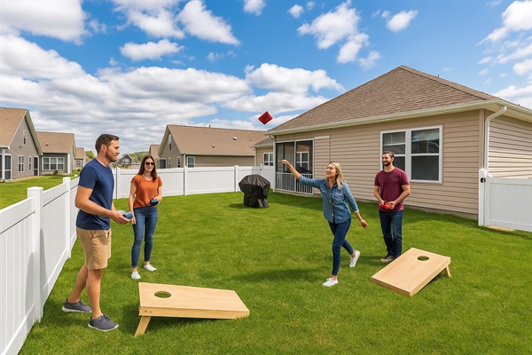 See how easily you can transform the yard into your very own game field: cornhole boards ready for friendly competition, with ample room for cheering spectators.