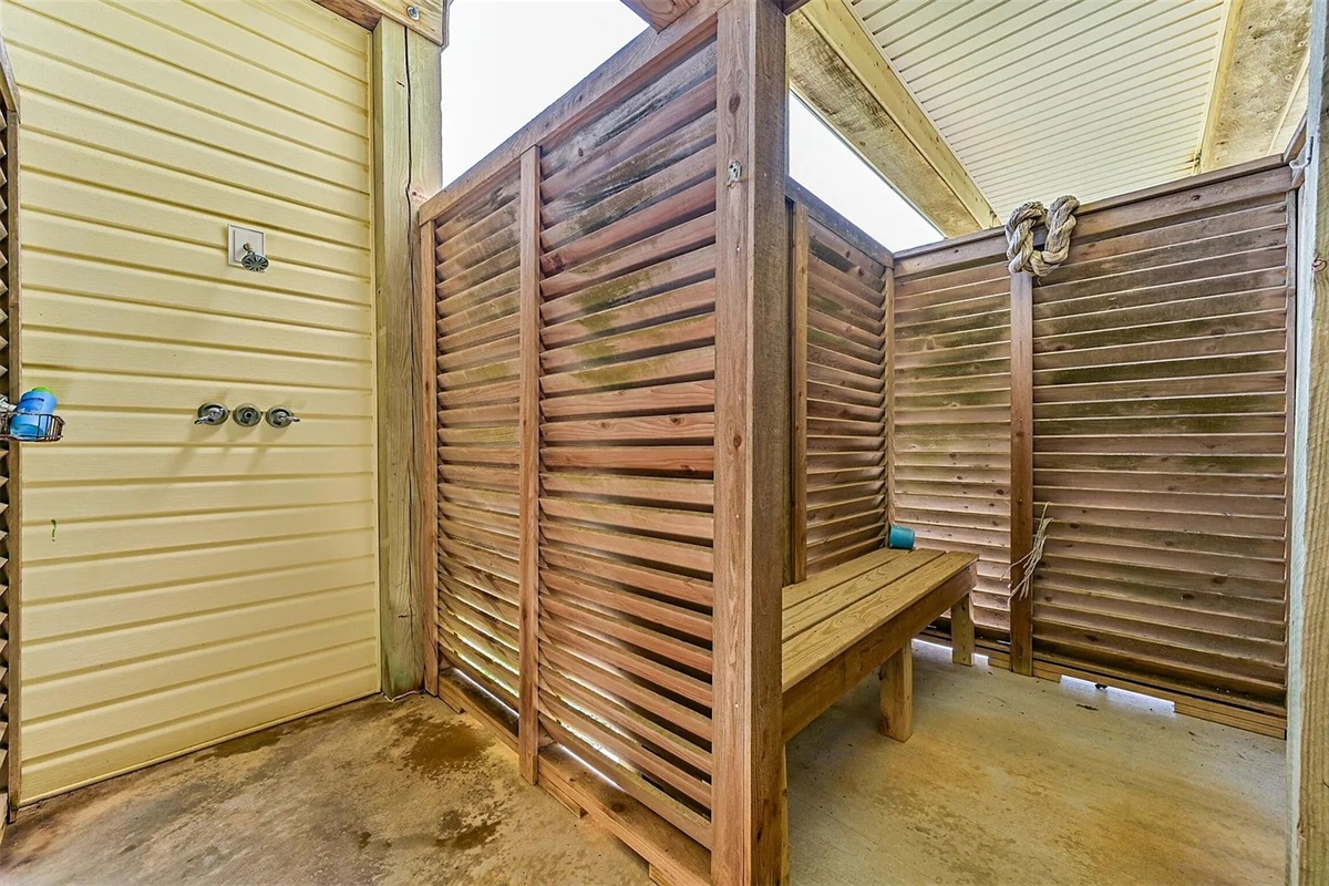 Large outdoor shower for quick clean up to manage the sand and sun