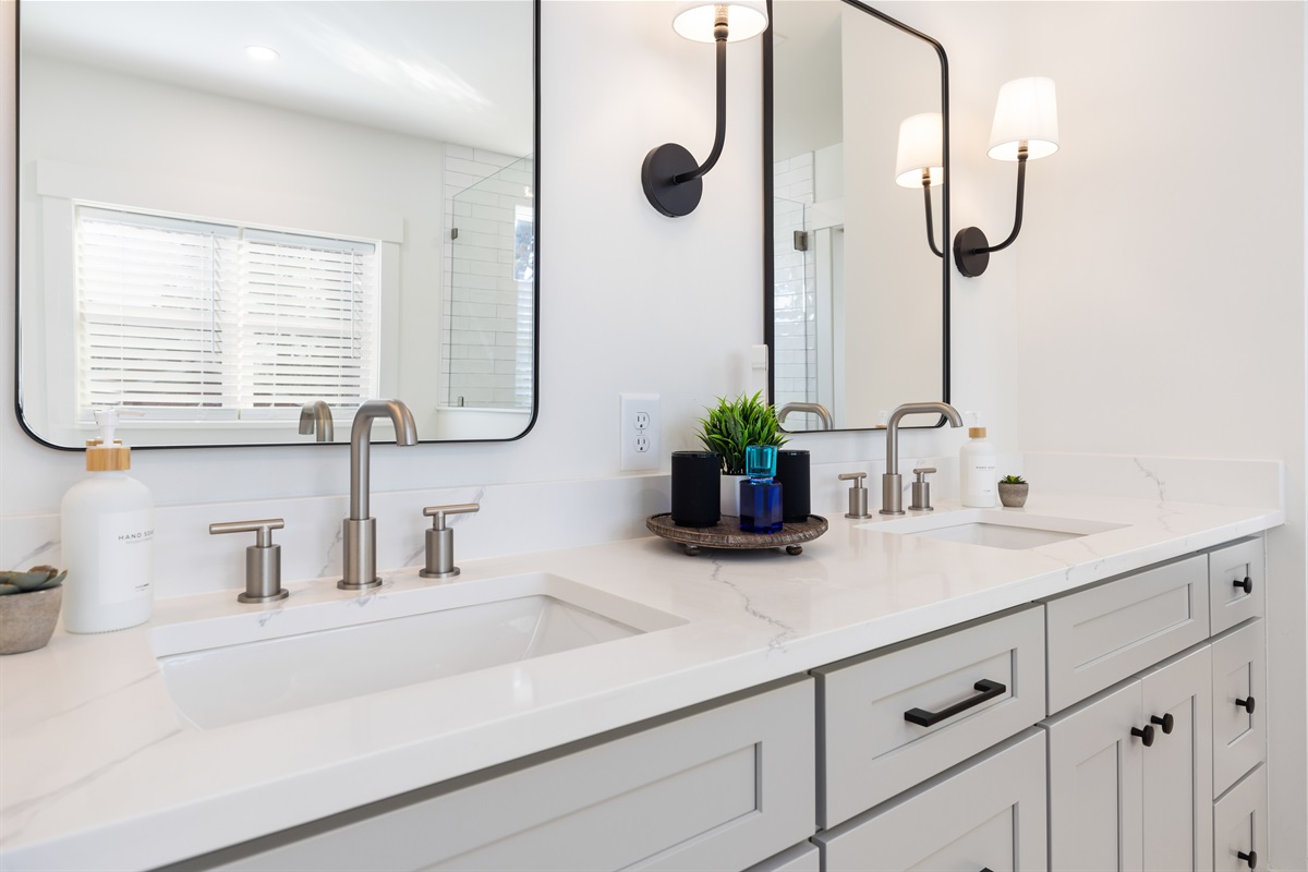 The master bedroom ensuite features a his and hers sink. Because who wants to share?