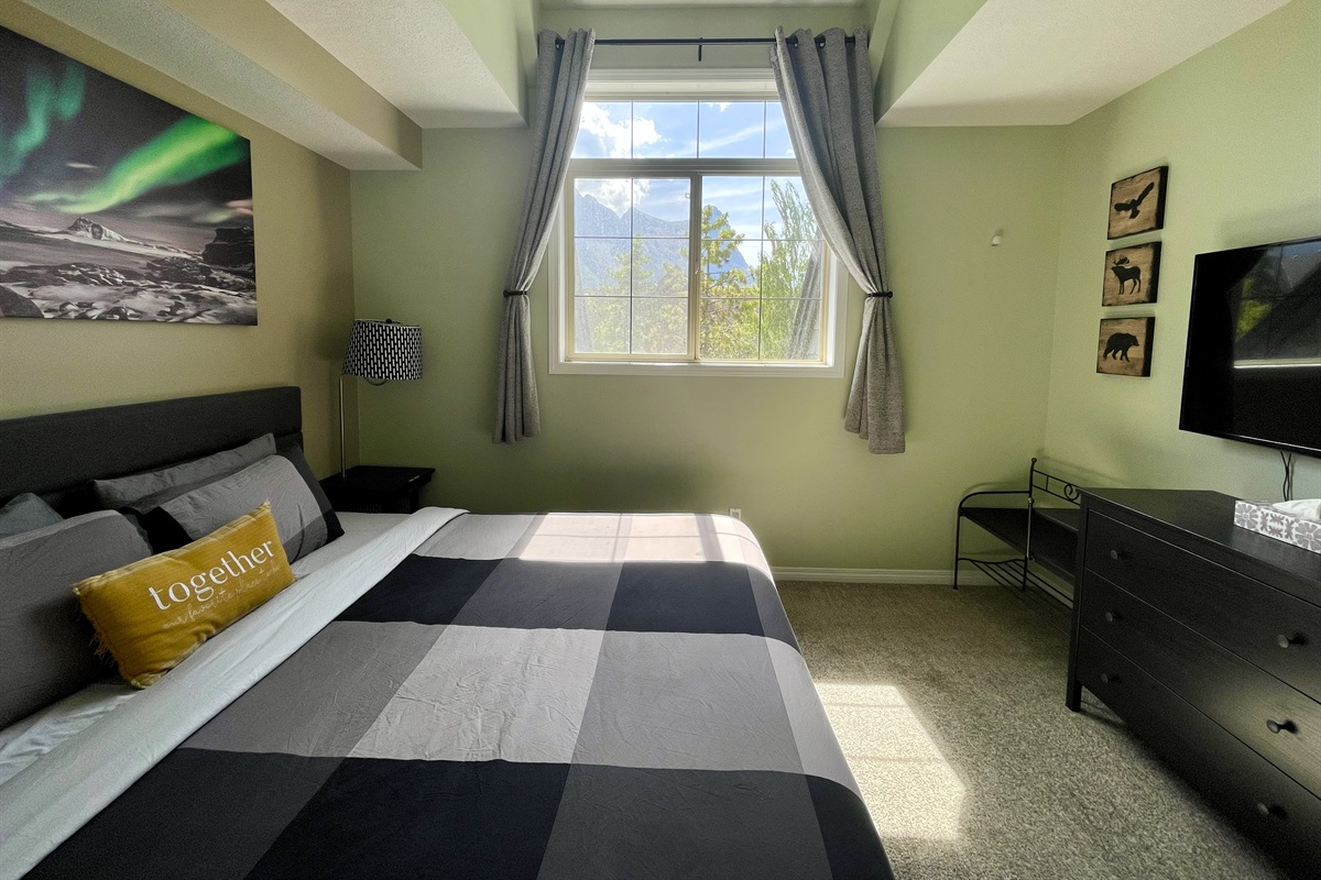 Master Bedroom with ensuite bathroom.  Located on the 2nd floor. TV & closet.  Check out the view from the window!