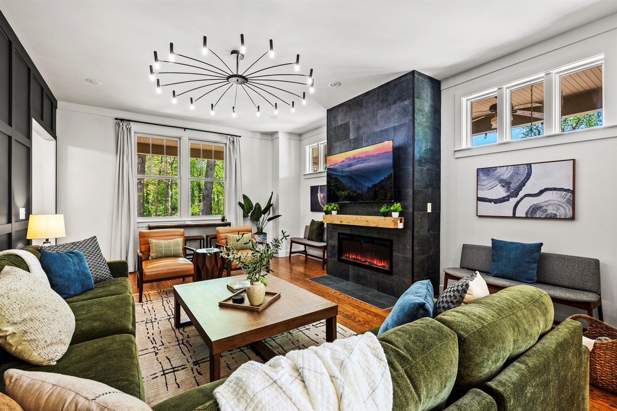 Chic modern lighting, plush seating, and thoughtful accents make this space both stunning and cozy. It’s the perfect setting to recharge after a day exploring Asheville.