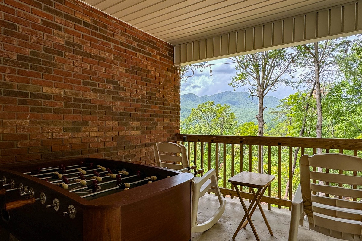 The carport is a great amenity for the property! Perfect to enjoy the fog roll through the Deep Creek Valley or an evening storm pass by. There is also a foosball table for guests to use!