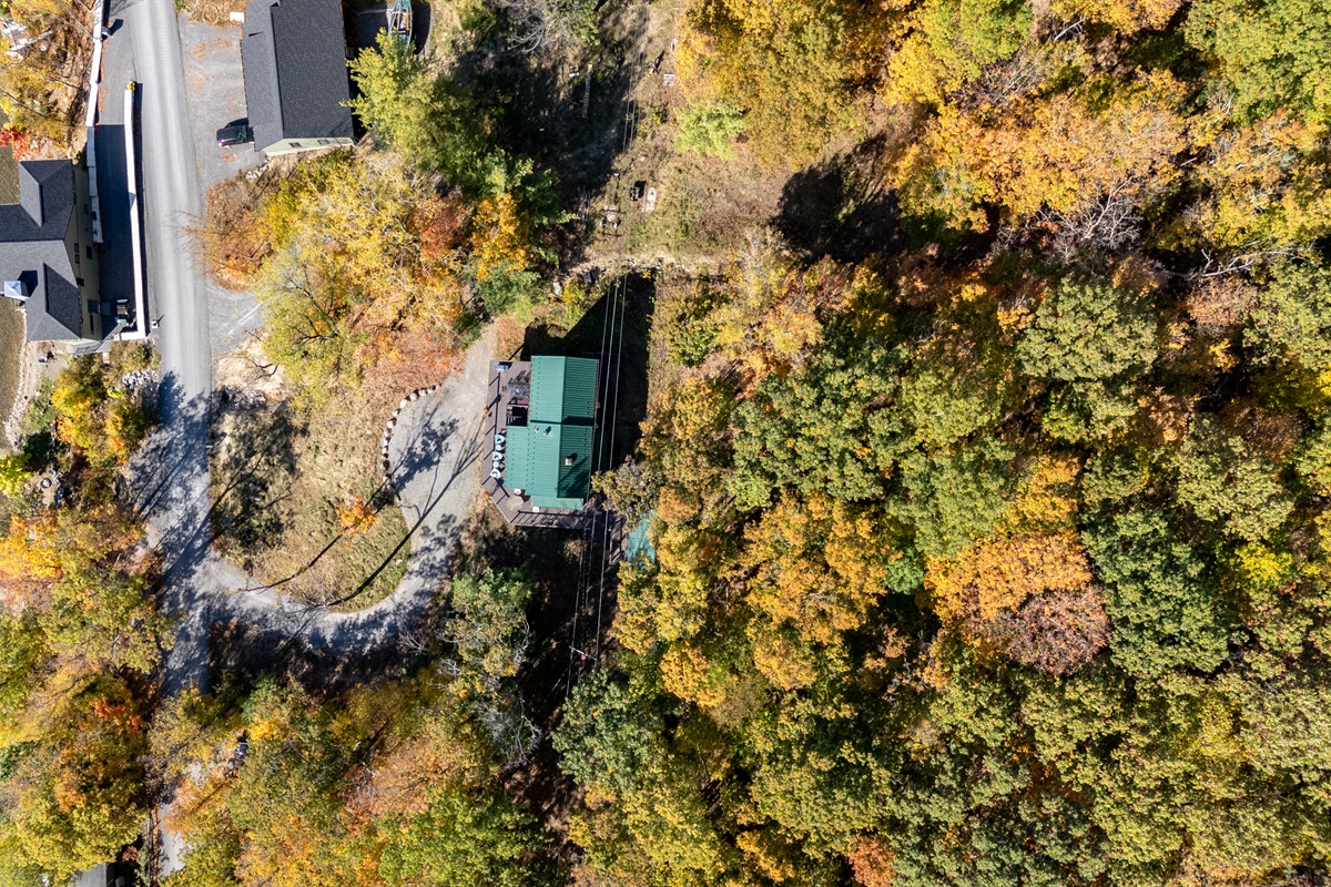 Driveway arrival at the cabin, nestled in vibrant fall foliage on Keuka’s serene shore