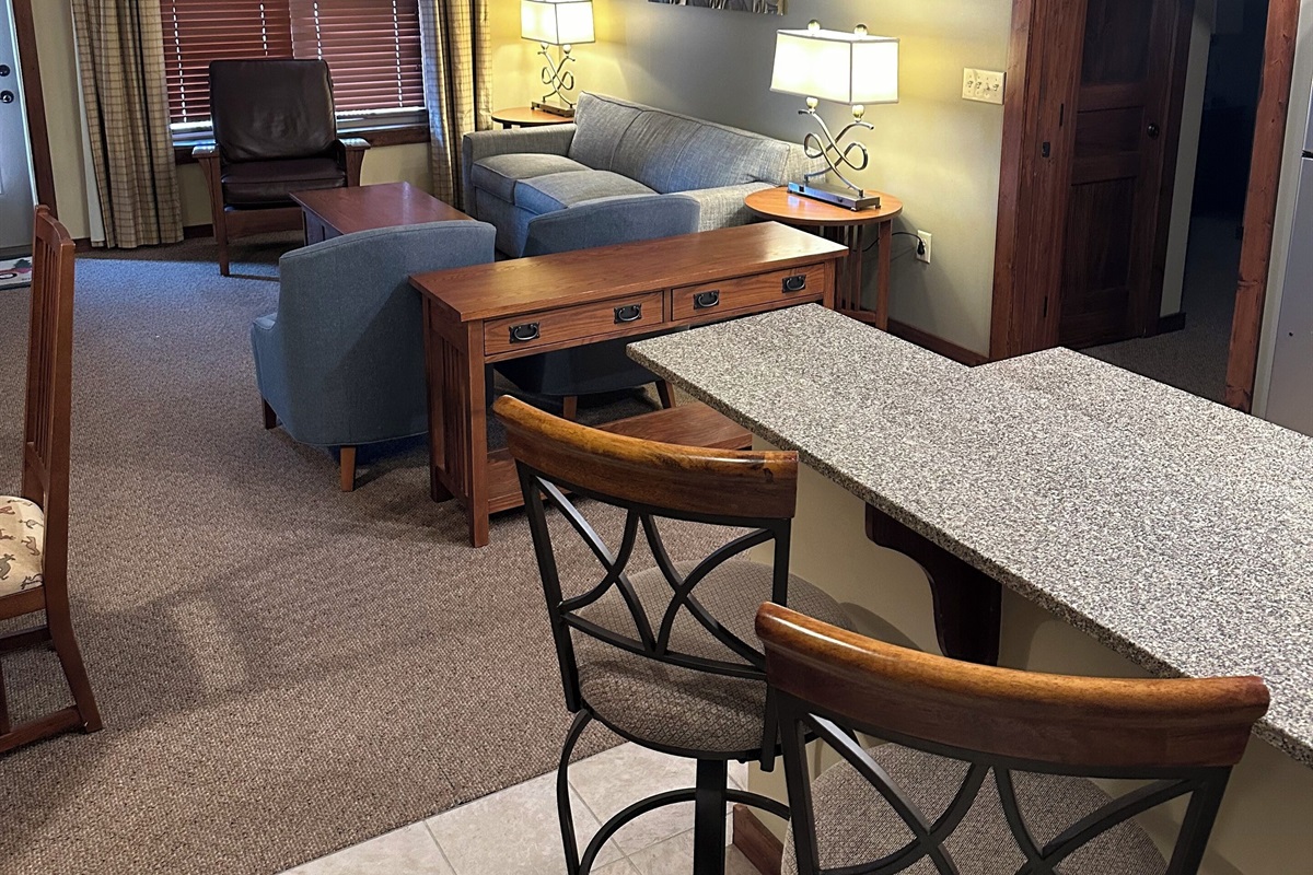 The open floor plan feels roomy and spacious.