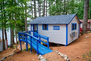 Side entrance , with stairs bridge and lake in the background