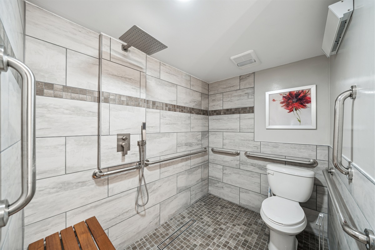 The accessible bathroom in the lower apartment with roll-in shower, and wall-mounted shower bench.