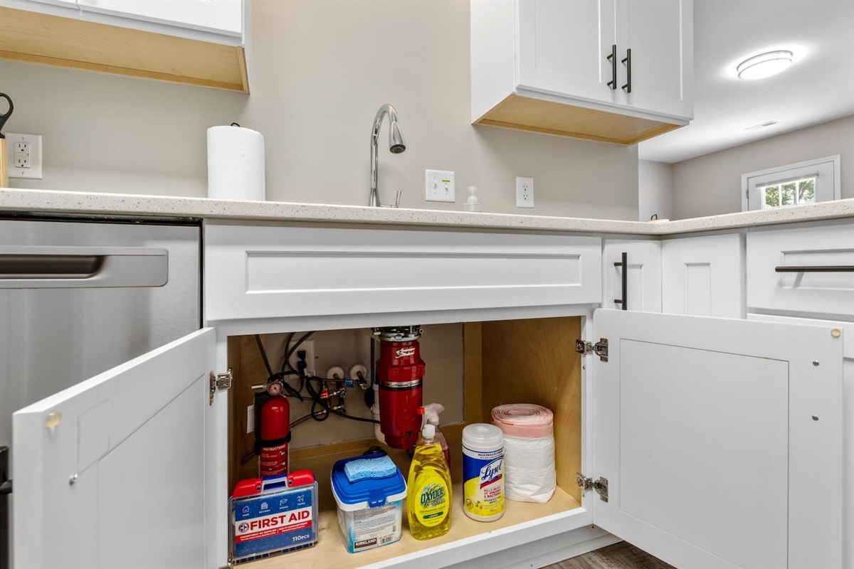 Kitchen contents - first aid kit, fire extinguisher, cleaning supplies, etc