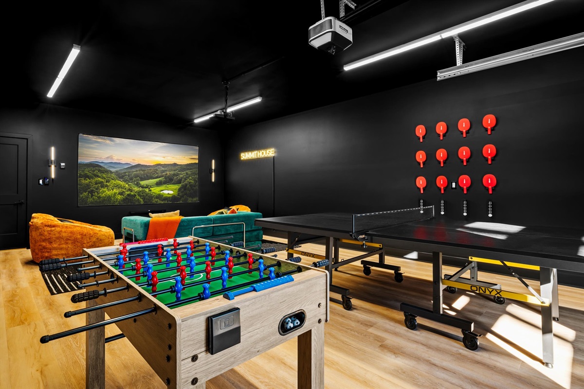 {Ping Pong Lounge}
Fully equipped game room with ping pong, foosball, and lounge seating — designed for group competition, hangouts, and all-day entertainment.