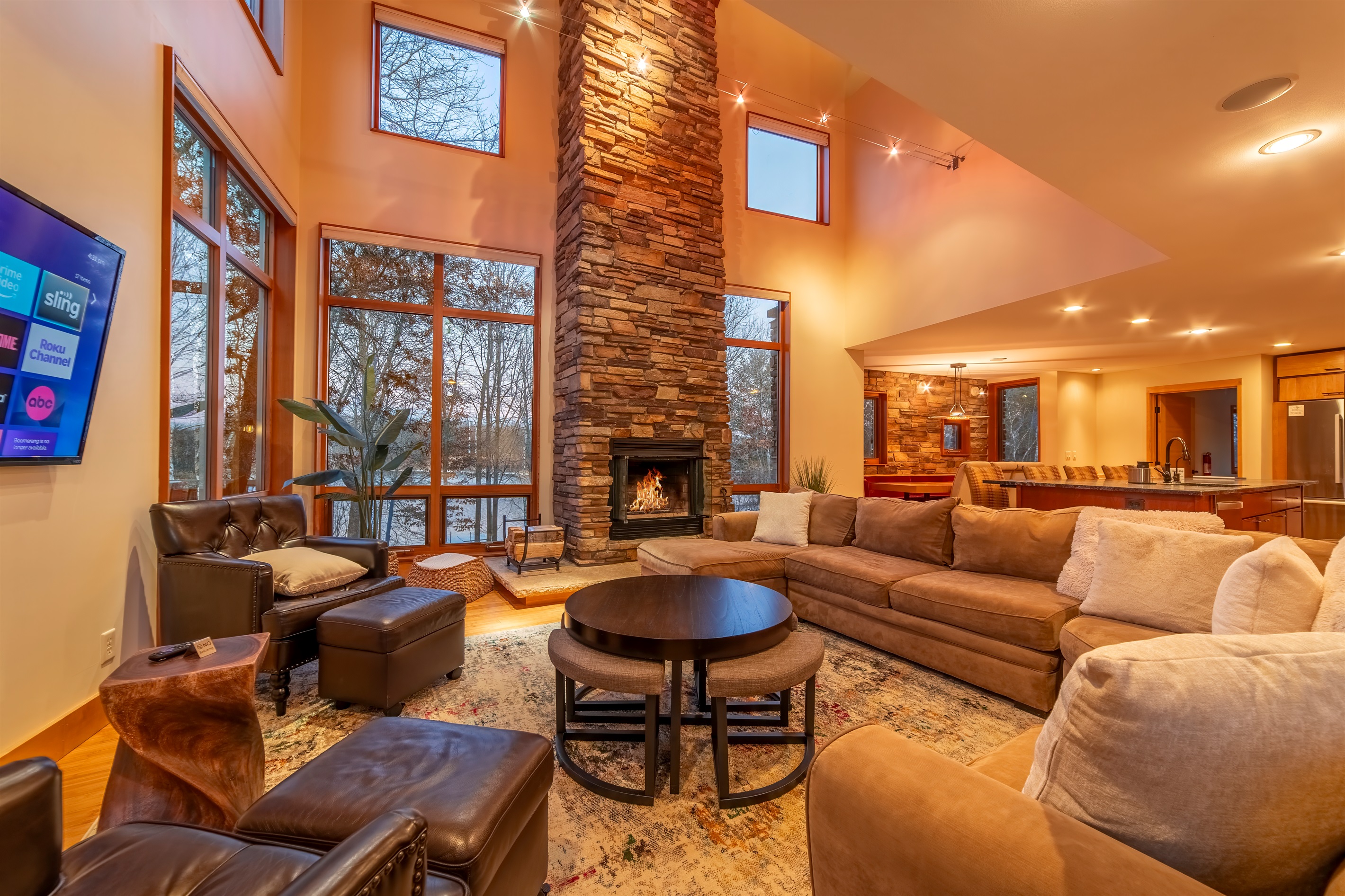 Be inspired by the vaulted 25 ft barrel ceiling, a 12-ft King of Christmas Tree (Holiday Season only), and a wood burning fireplace