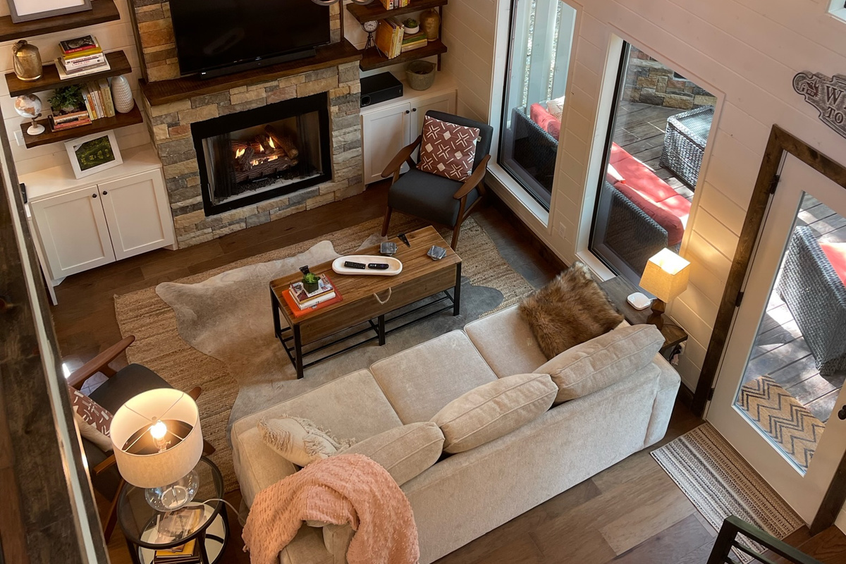 Eagle eye view of the living room from the top of the staircase.