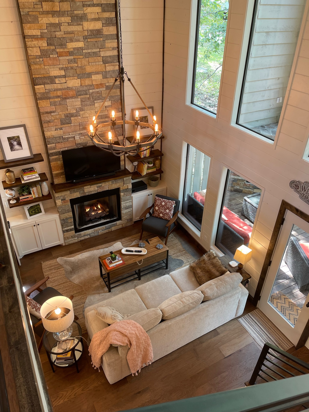 Eagle eye view of the living room from the top of the staircase.