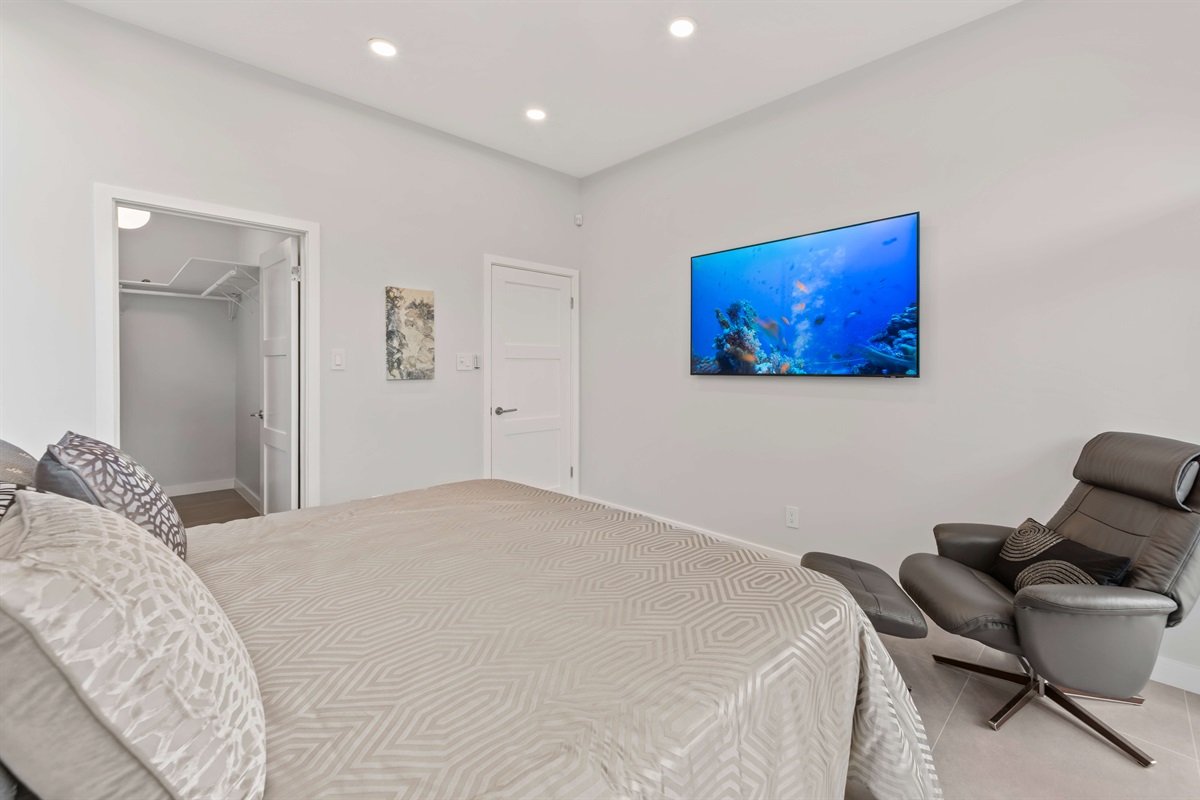 The second guest room on this floor has a king bed, ceiling fan and TV