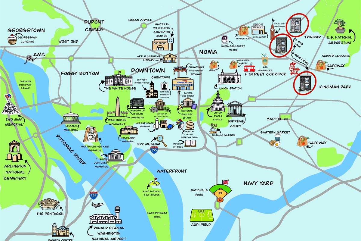 📍 Map showing the location of all three homes.