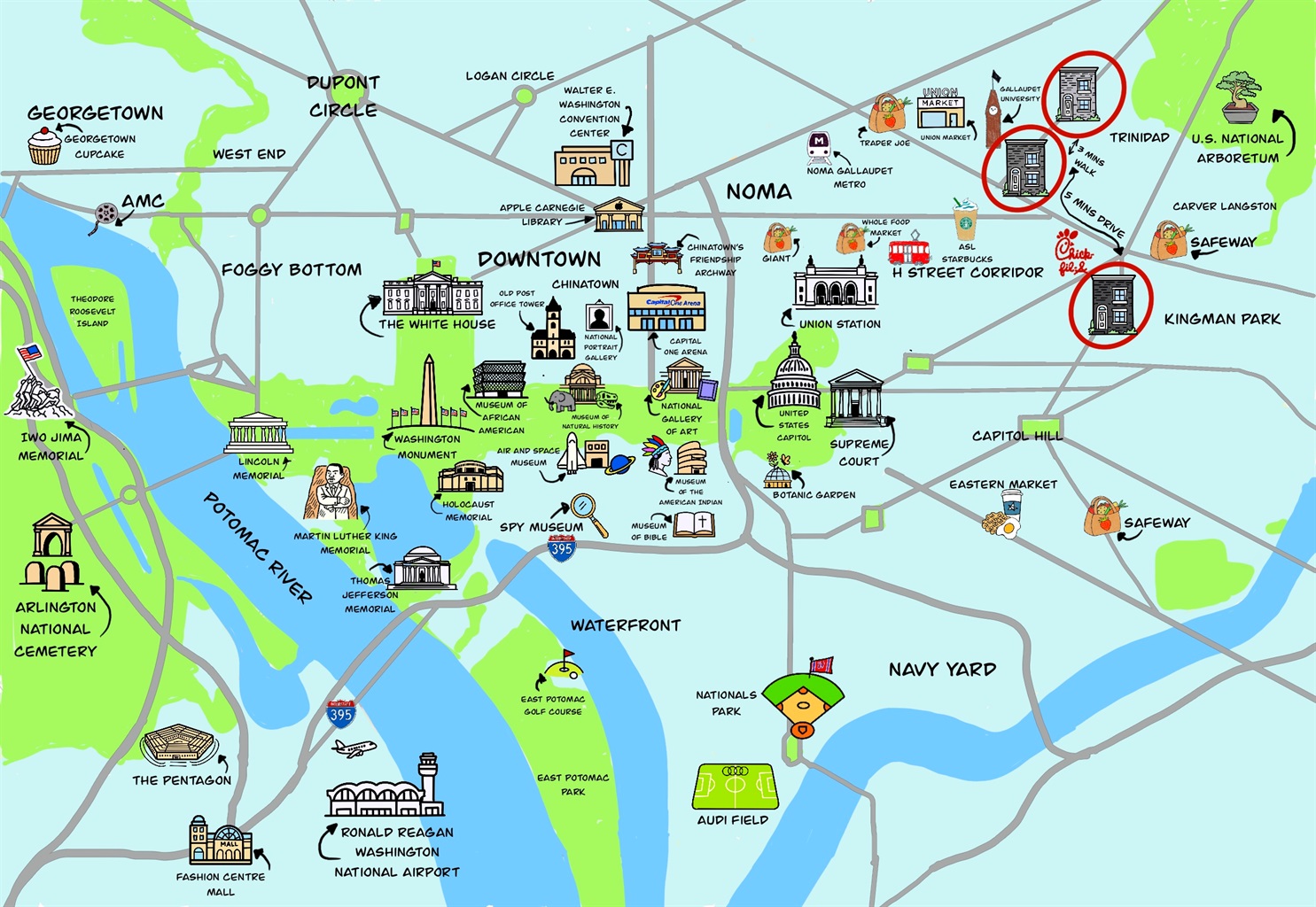 📍 Map showing the location of all three homes.