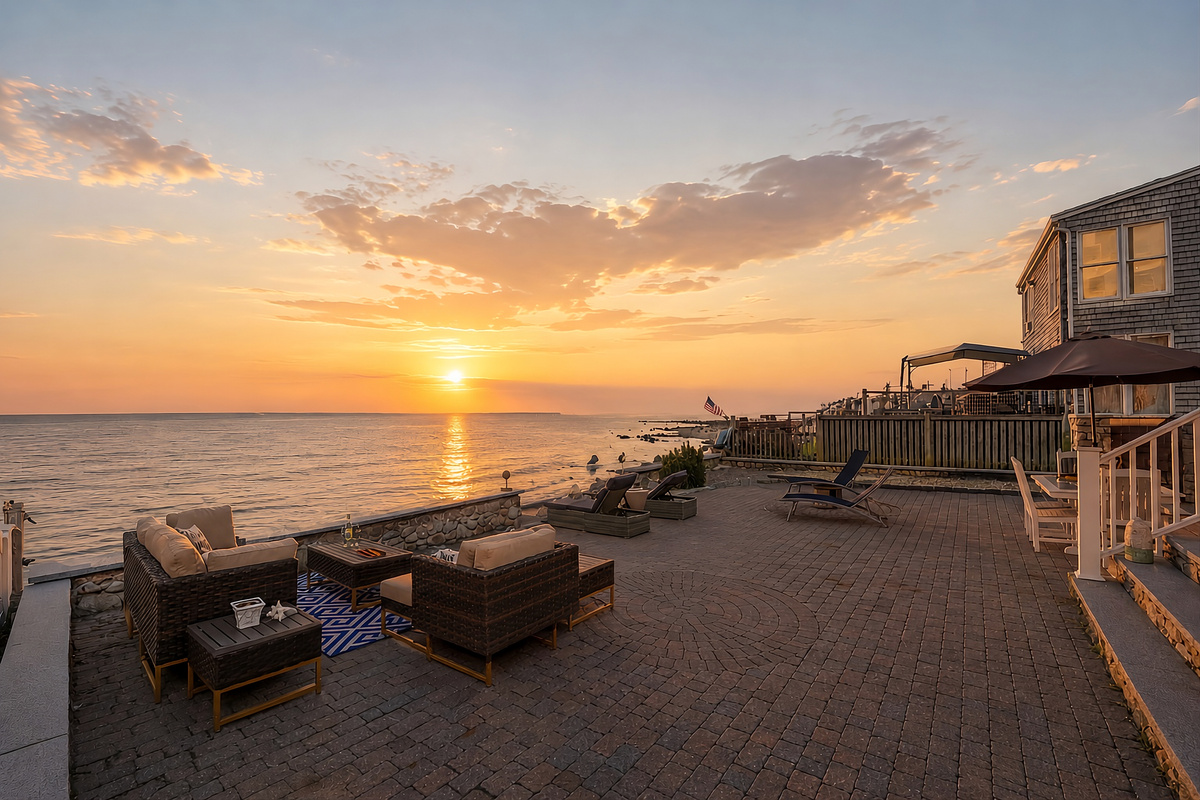 Spectacular oceanfront patio offering breathtaking sunset views and direct waterfront access