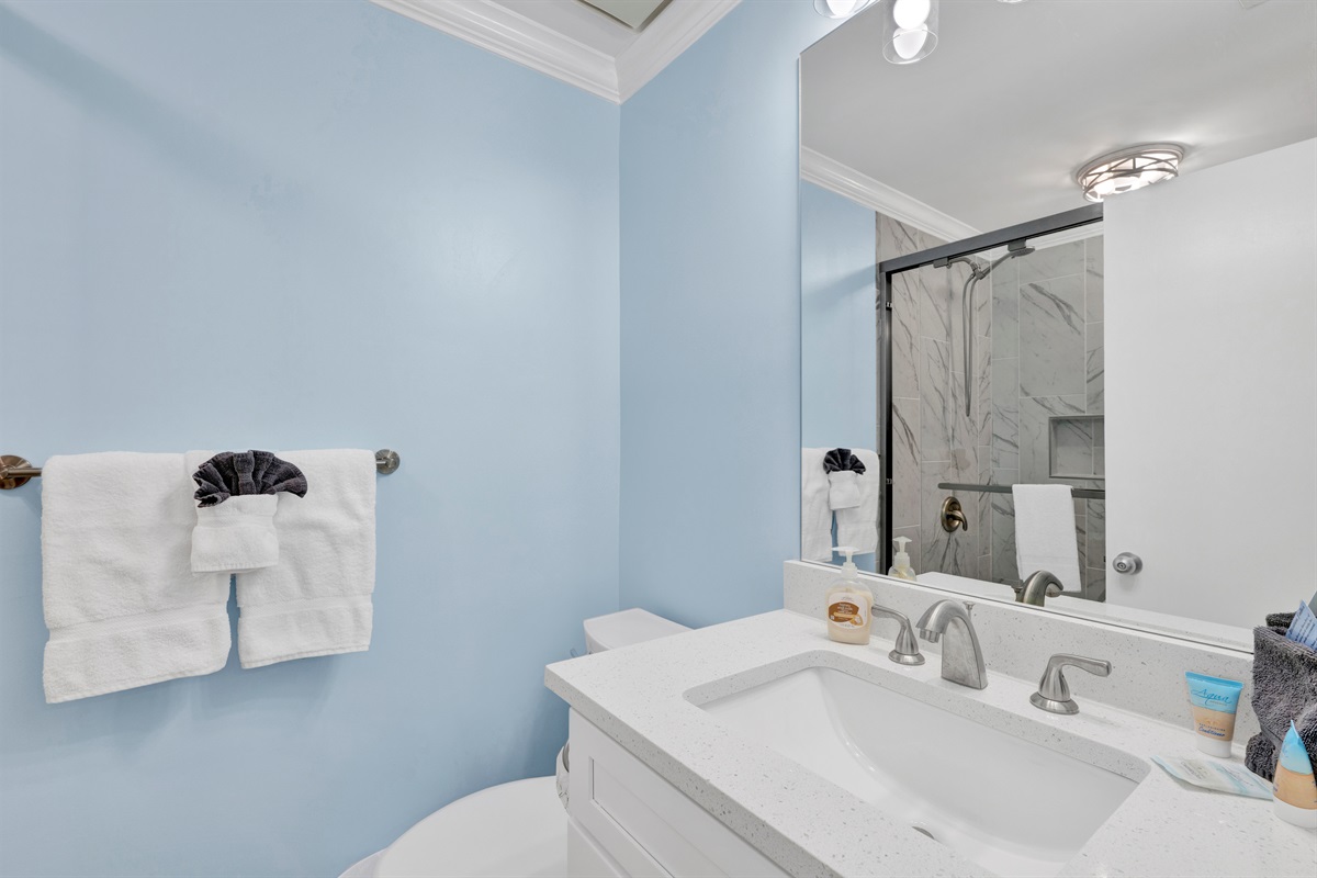 En-suite bathroom water closet with toilet, single solid wood vanity and tiled walk in shower