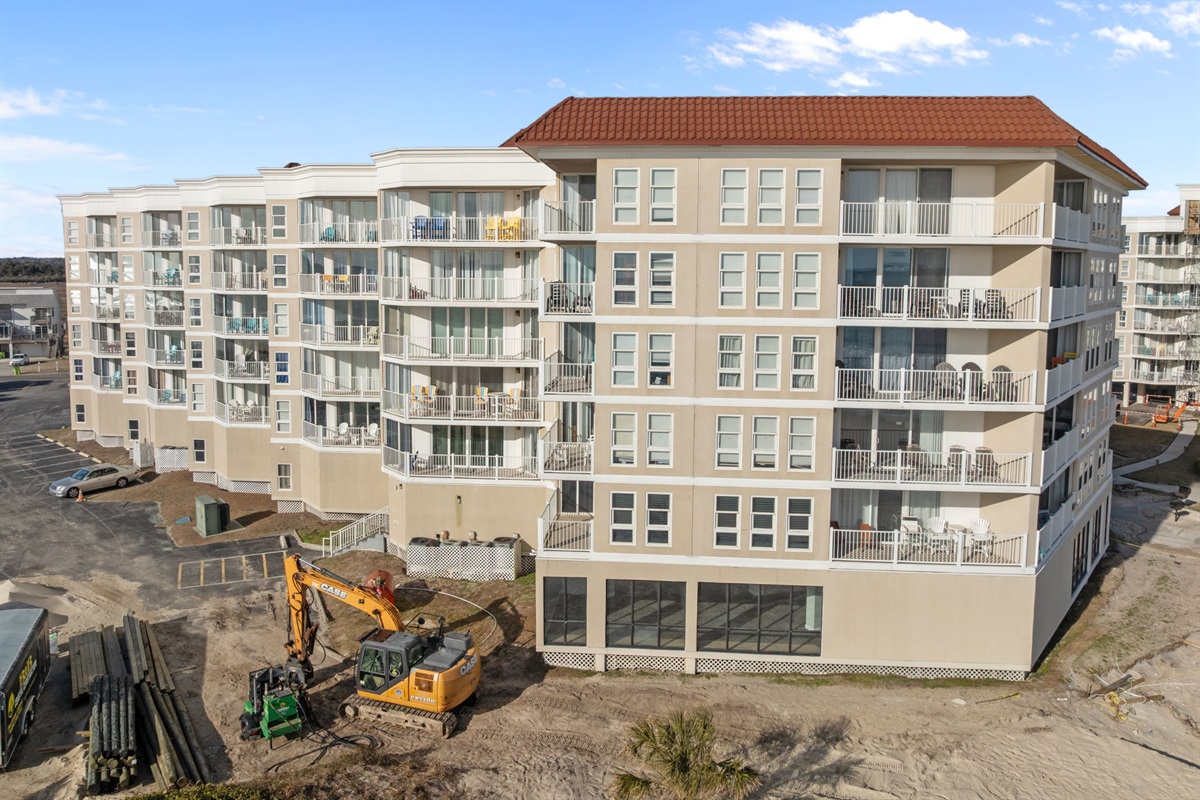 Exterior view of Building 1, showing rear building elevation