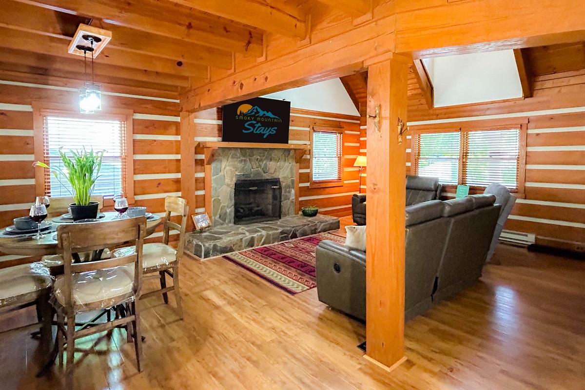 spacious open living room with dining area