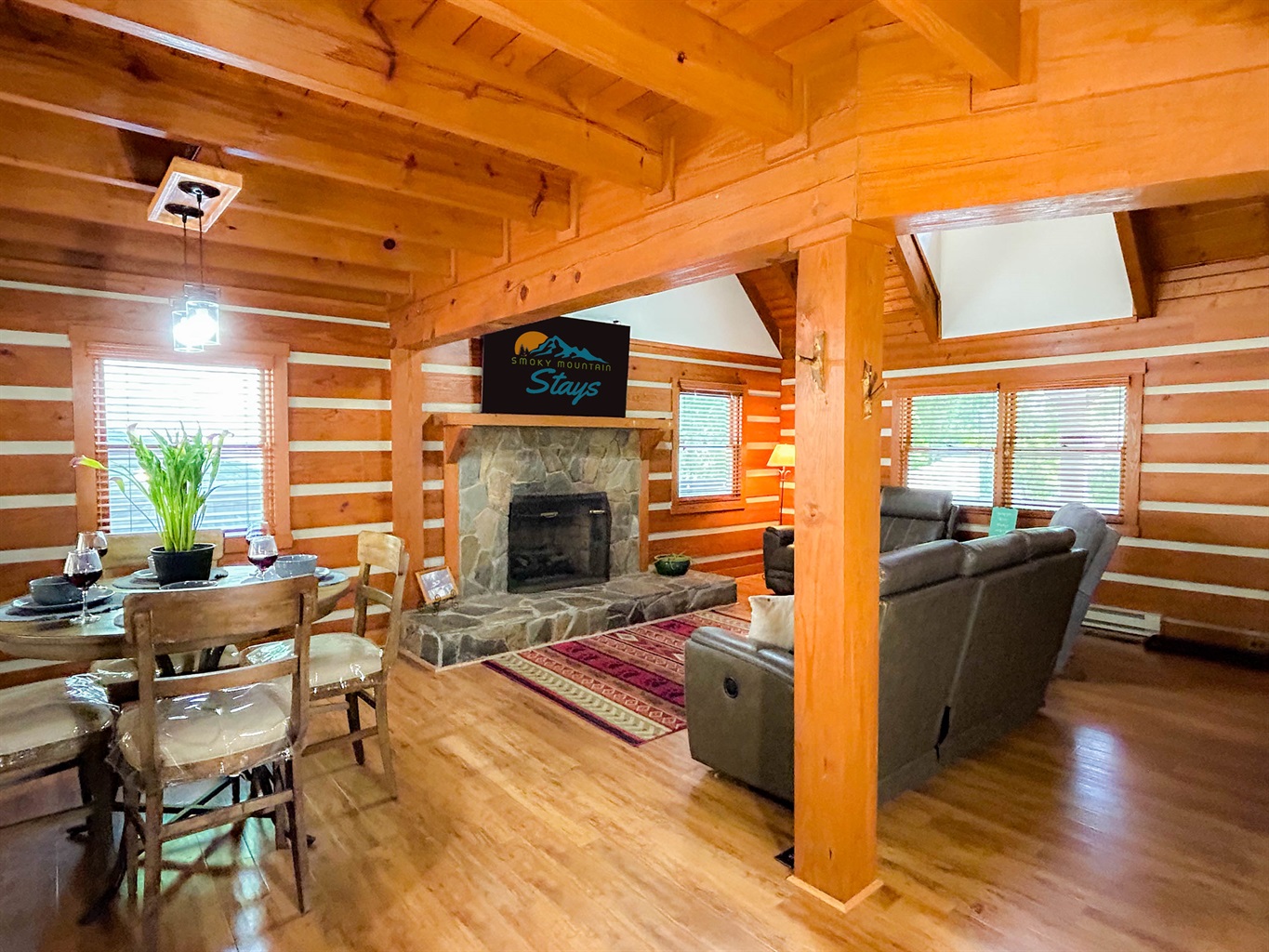 spacious open living room with dining area
