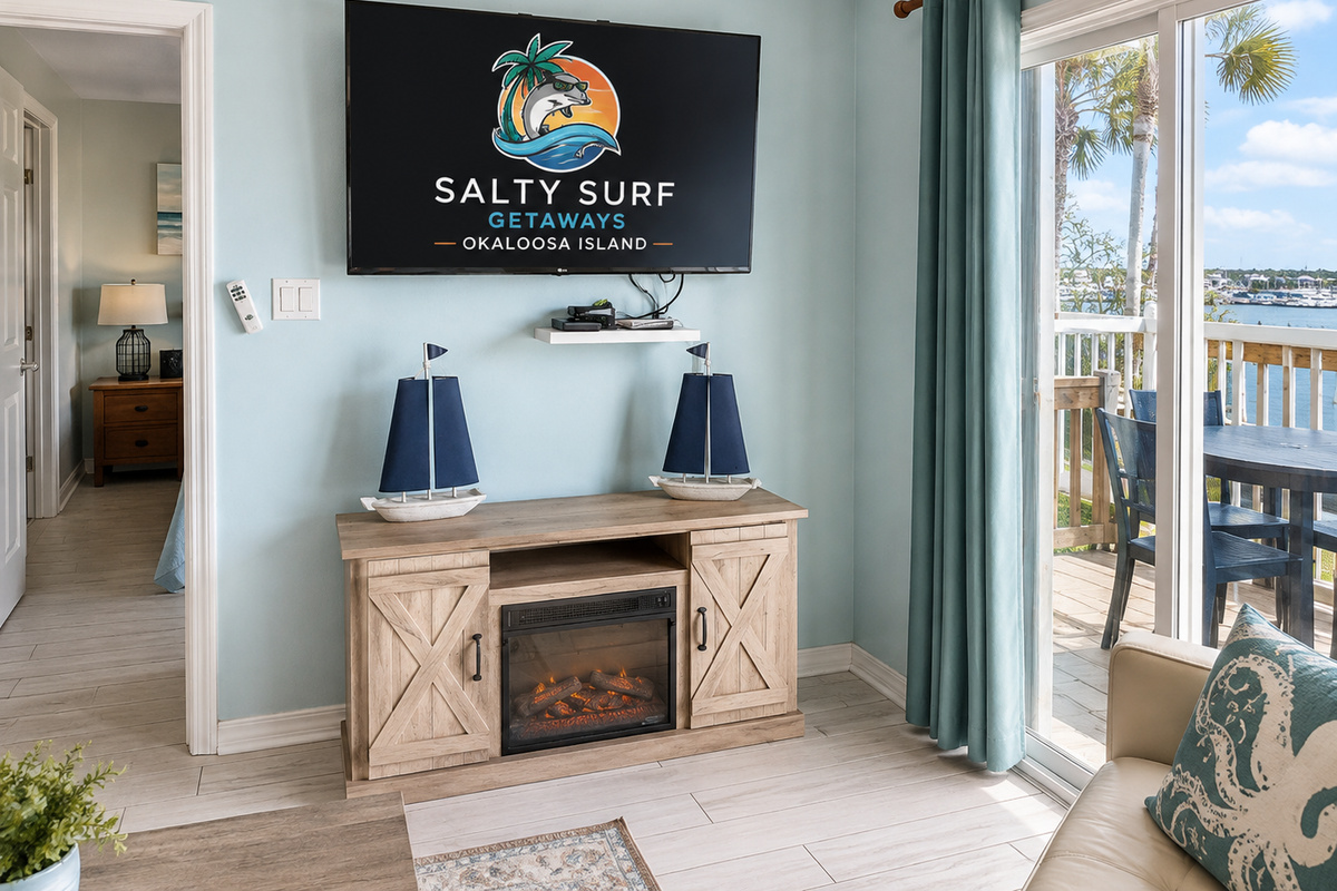 Kick back and relax with a large smart TV and cozy electric fireplace after a full day of Okaloosa Island fun.