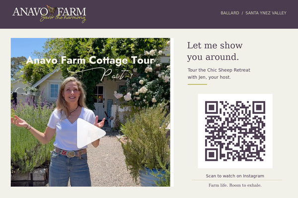 Let me show you around! Scan the QR code for a personal tour of the Chic Sheep Retreat with me, Jen, your host. Step inside, explore the details and get a feel for life here on the farm.