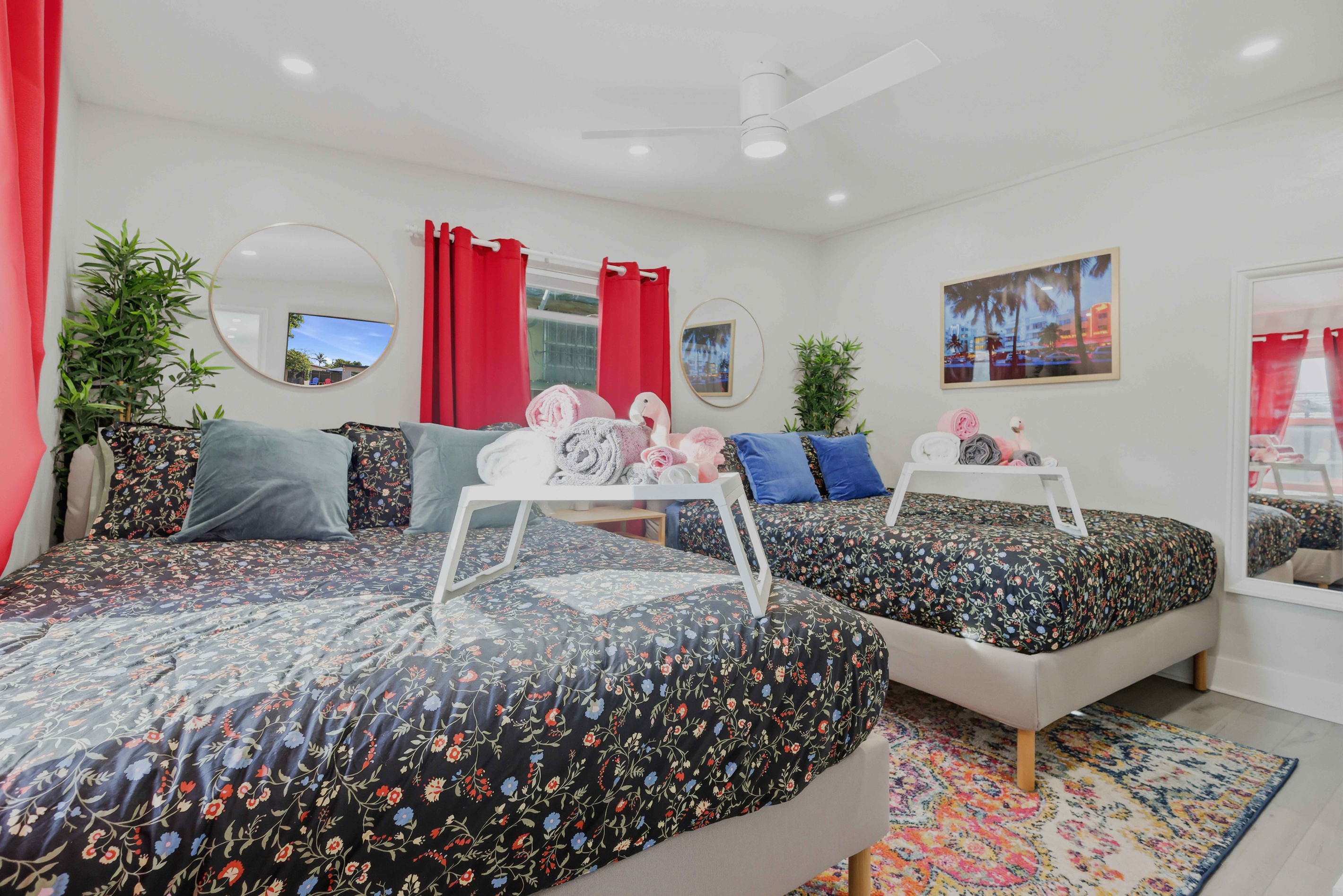 Room 3 - Two Queen Beds, One Nightstand, Two Night Lamps, 55-inch TV, Closet, Cabinet w/ Drawers, Desk, Chair, Lamps, Face Mirror, Body Mirror, Ceiling Fan, Dimmer Lights