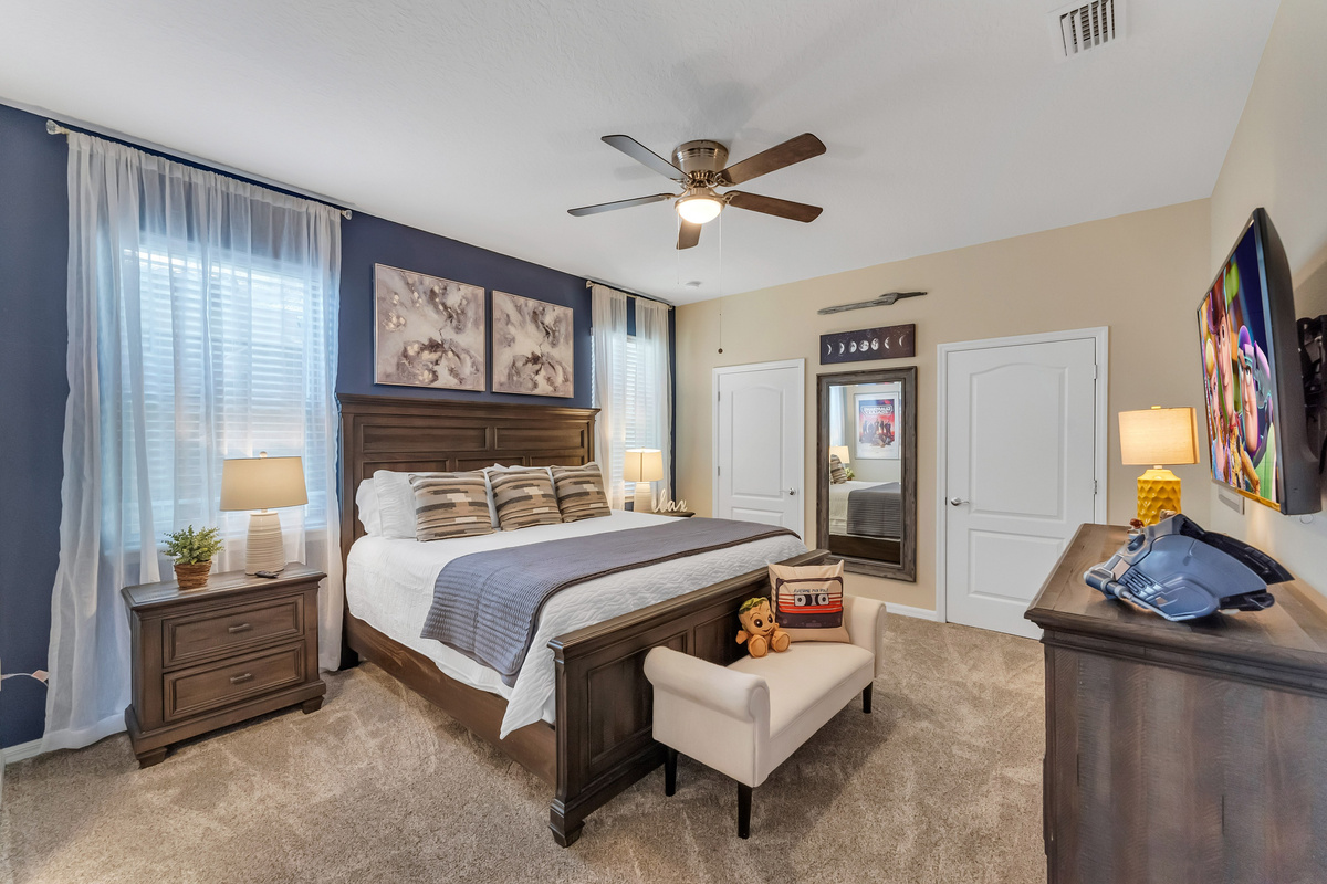 Downstairs Guardians of the Galaxy themed King size primary bedroom with ensuite bathroom