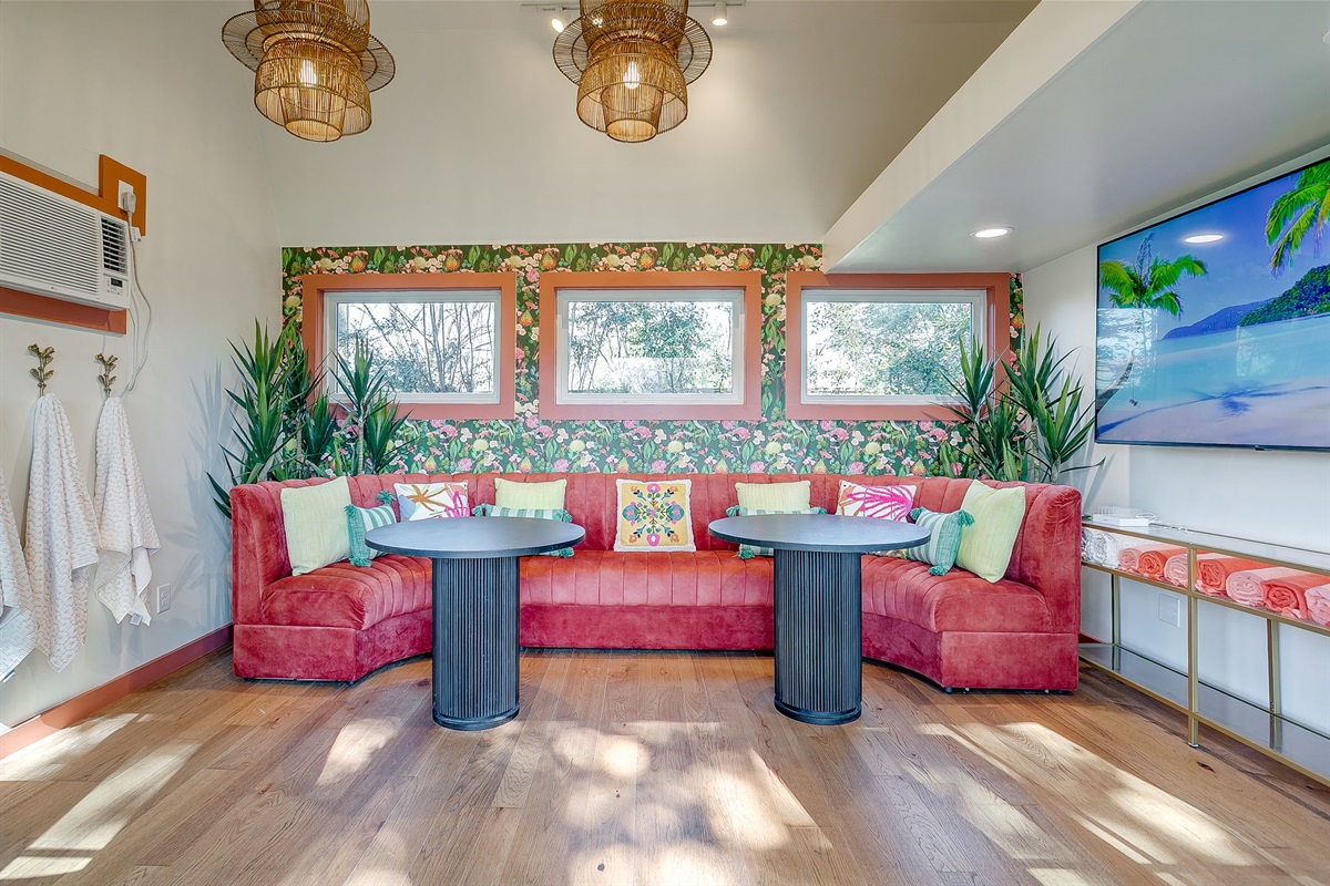 Velvet seating within the pool house lounge