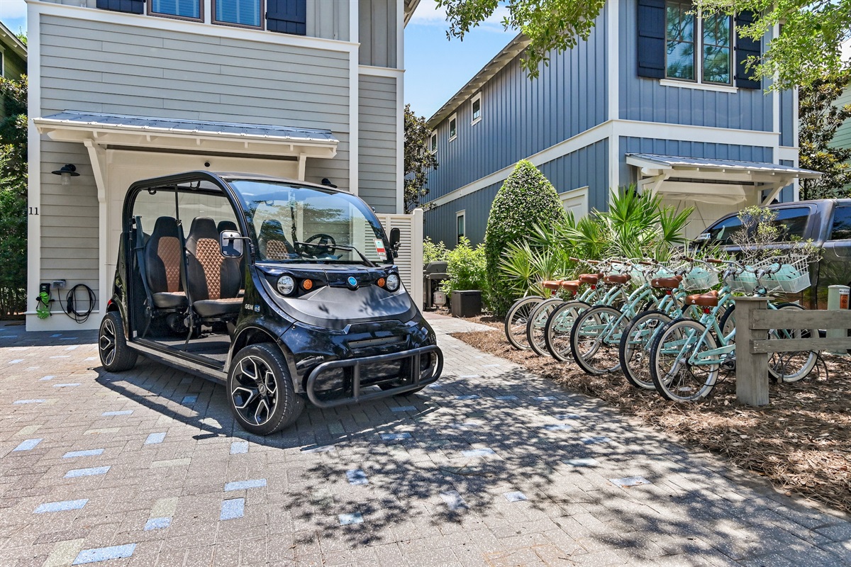 Cruise around town with the included six-passenger golf cart and bikes.
