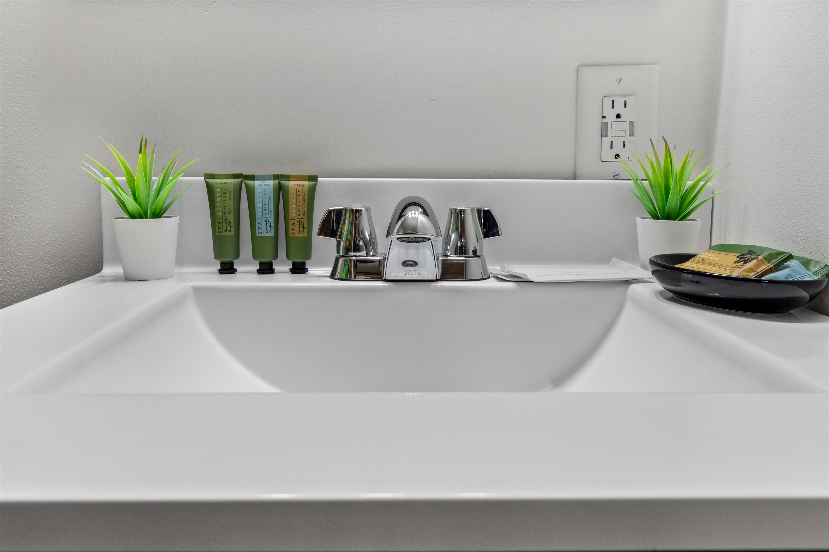 Shampoo, conditioner, lotion, and makeup remover are provided for your comfort and convenience.