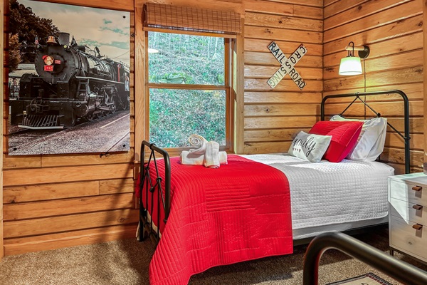 The kids can ride the train during the day and stay in the train room at night.