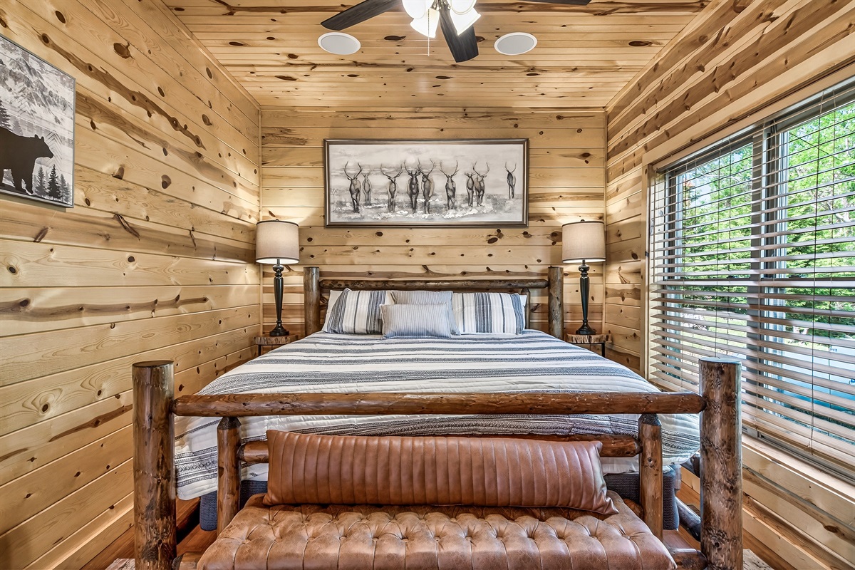 Cozy master suite with king size bed. The master is located on the main floor which is the second floor & requires stairs 