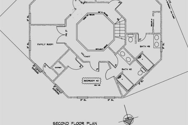 Floor map of second floor of master king bedroom w/ ensuite bathroom, Master queen bedroom w/ single sofa bed, Master queen with door to full bathroom, Another living corners w/ large TV, pack n/ play and TV trays