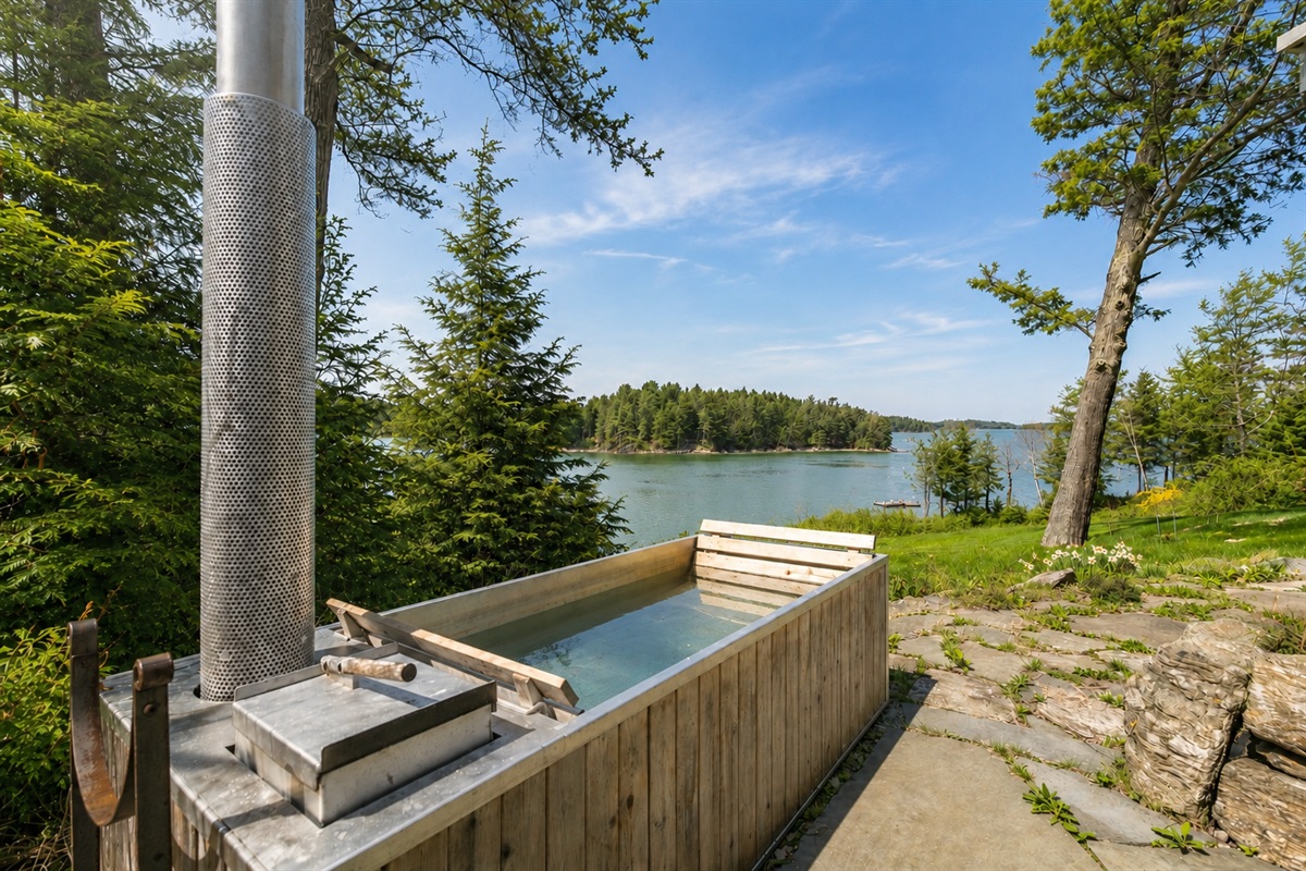 Wood fired hot tub overlooking the cove