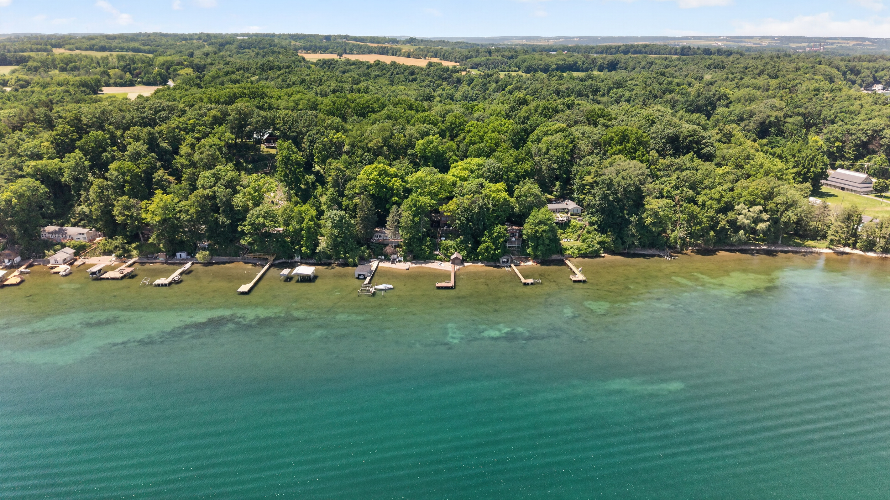 Wide aerial view of the forested lakeshore