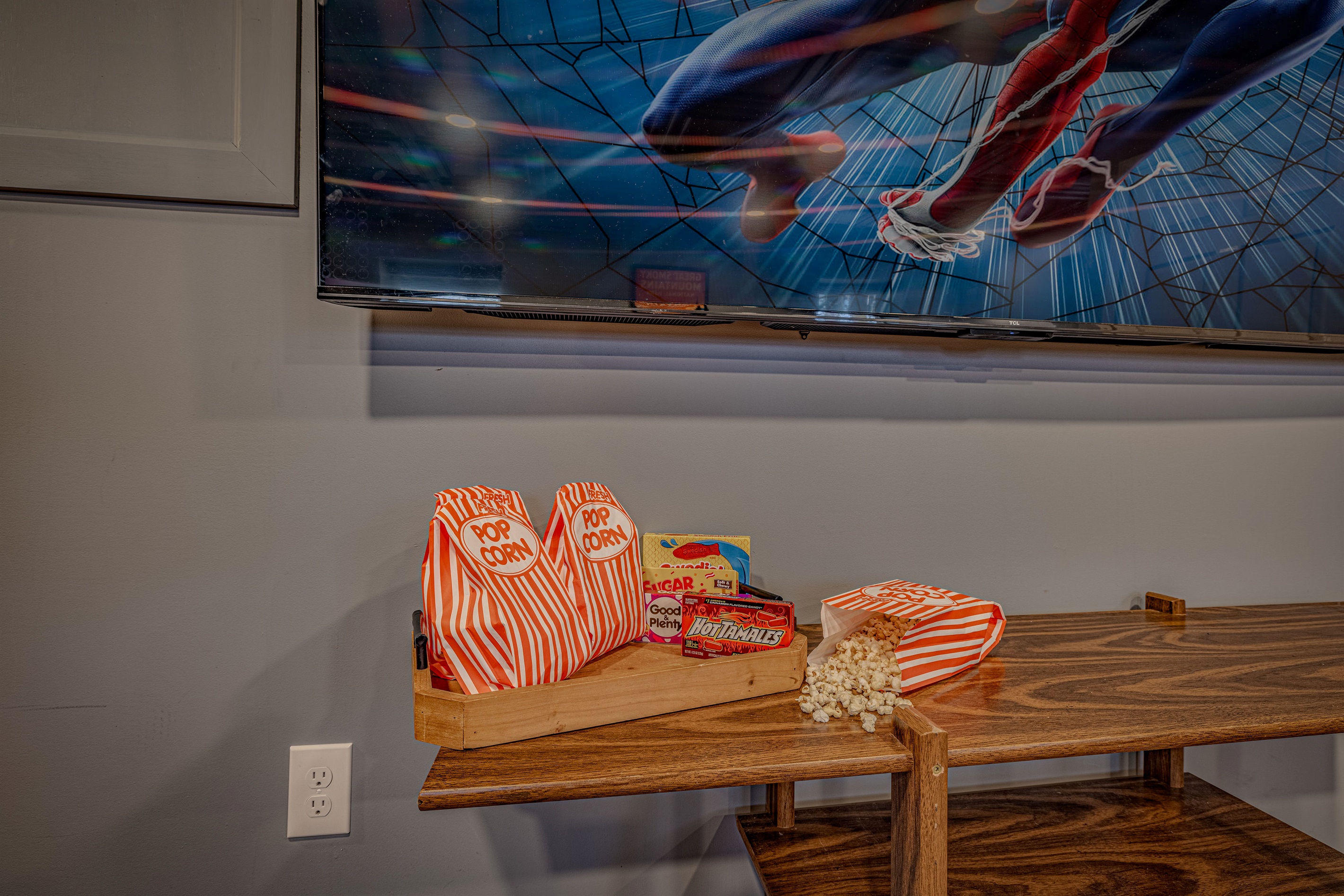 Settle in for a cozy night under the mountains. Grab a bag of popcorn and your favorite sweets for a relaxing evening of entertainment without leaving the cabin.