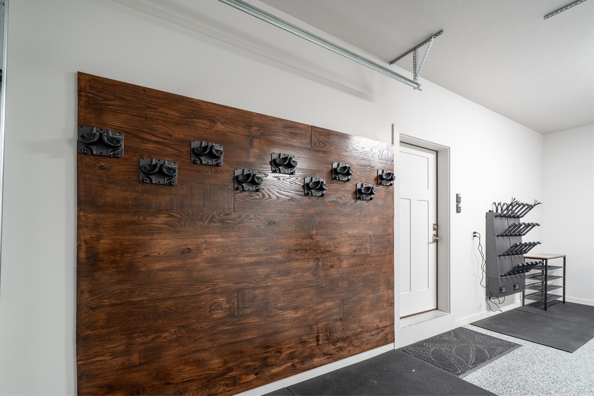Dedicated ski storage area with custom racks—perfect for winter adventures.