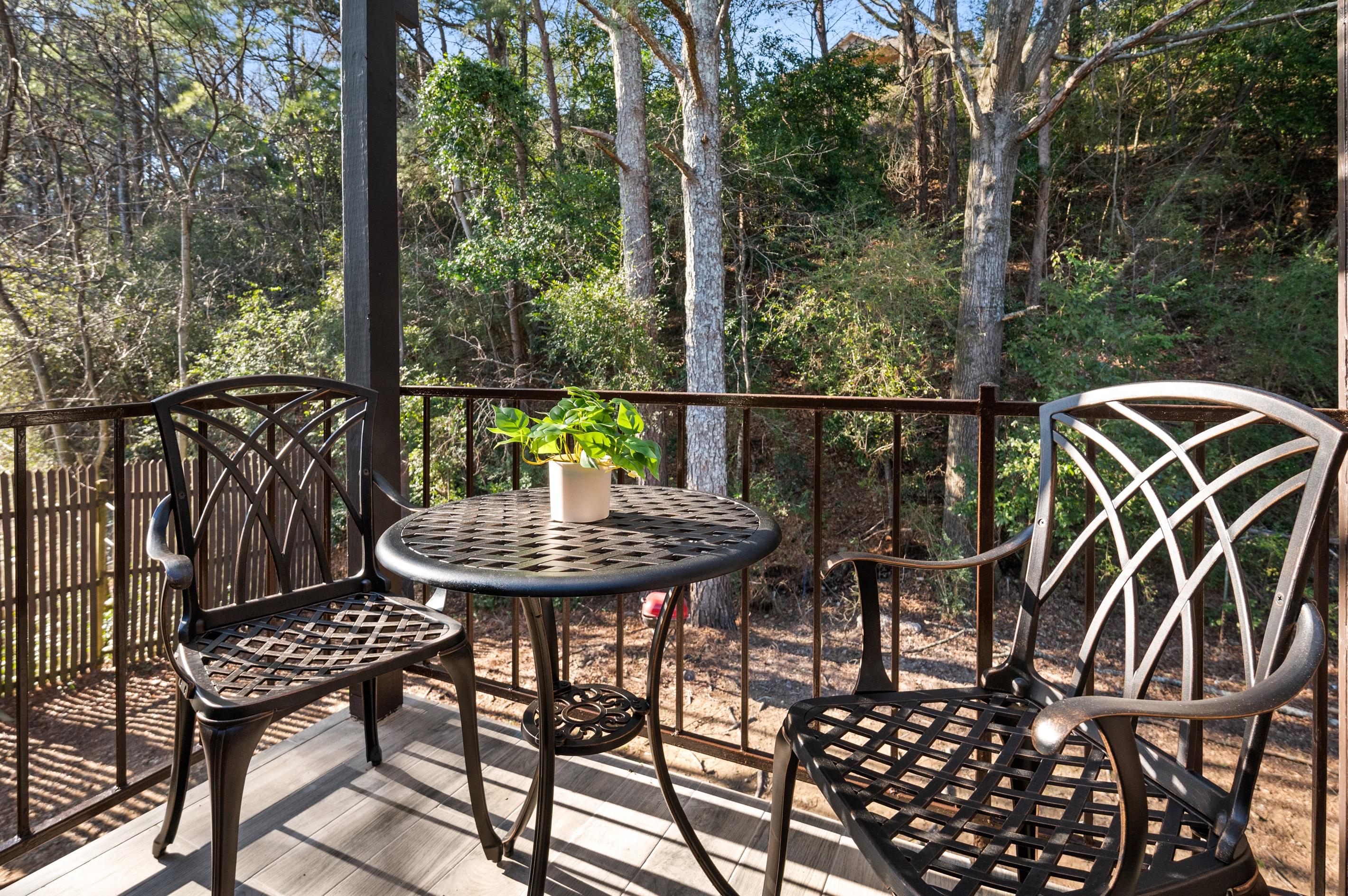 Private covered patio perfect for lazy mornings sipping coffee or late-night chats with loved ones.