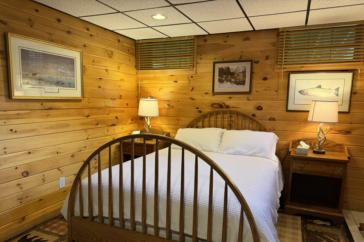 Queen bed in lower level living area