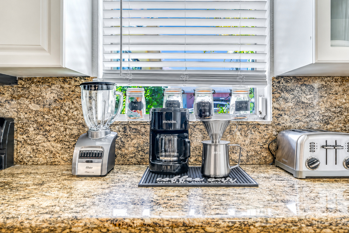 Nothing's cozier than a hot cup of coffee, right? At Palm Wave Stays, every unit comes with a coffee station for ultimate relaxation.