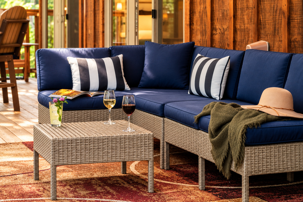 Kick back on the navy sectional with a merlot and a good read.