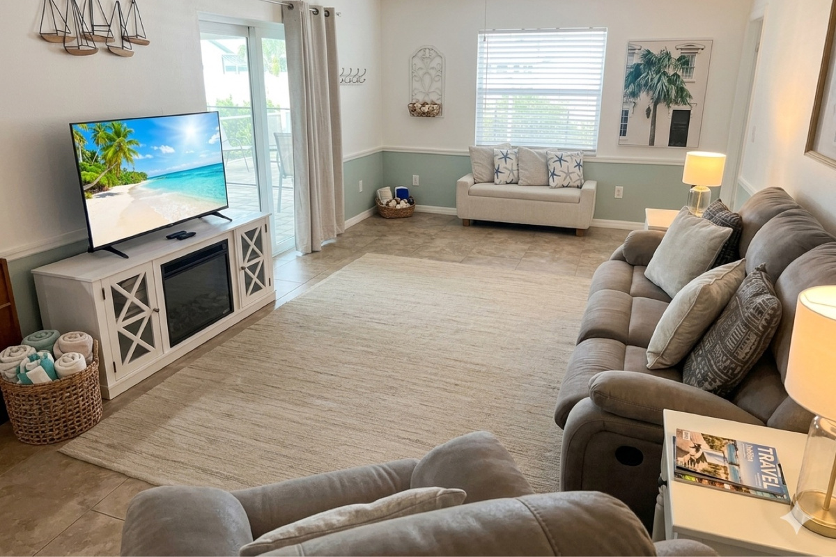 Living room with smart TV and coastal decor