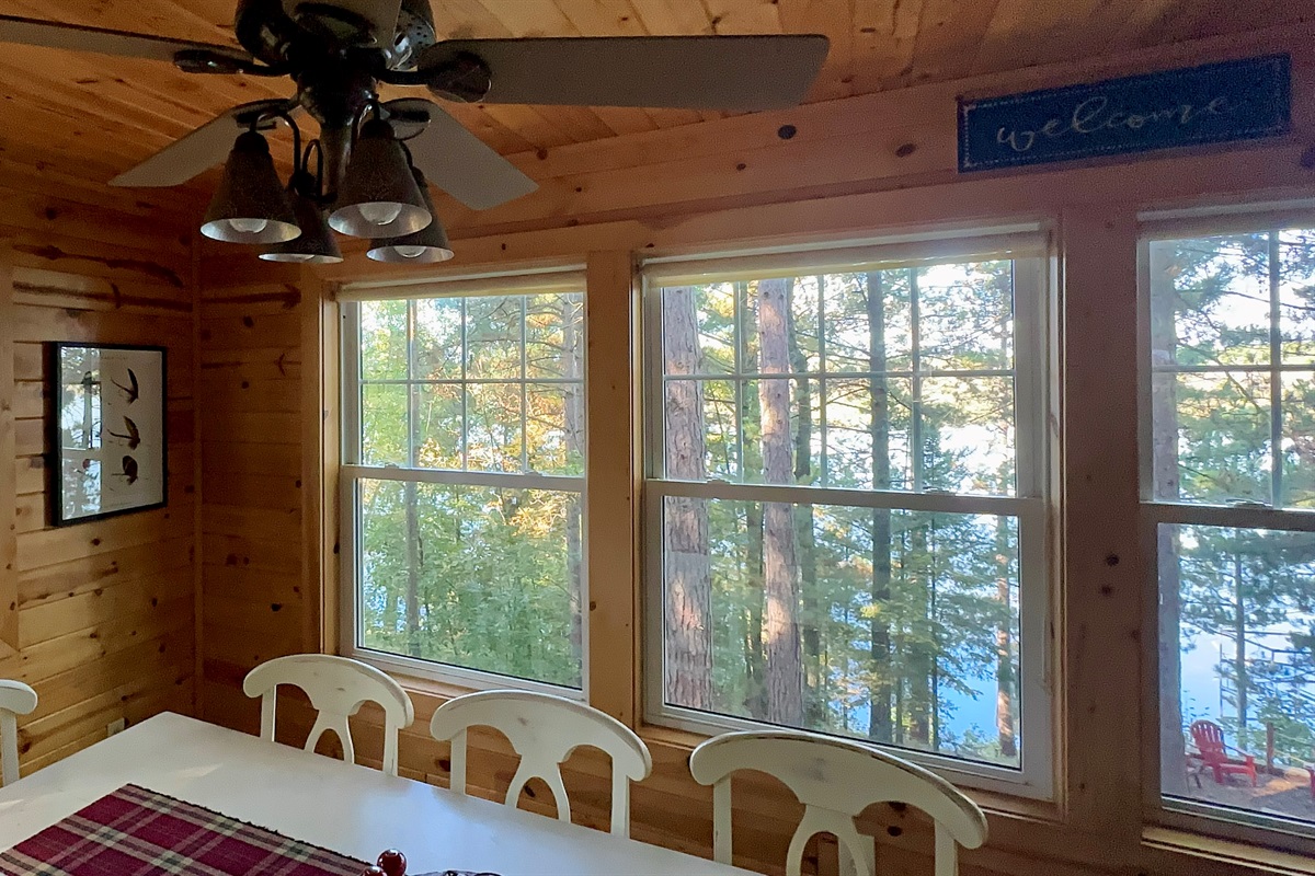 Dinner with a view - panoramic treetops and sparkling lake vistas right from the dining table.