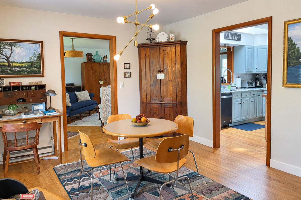 Dining room with views into the kitchen and living room.
