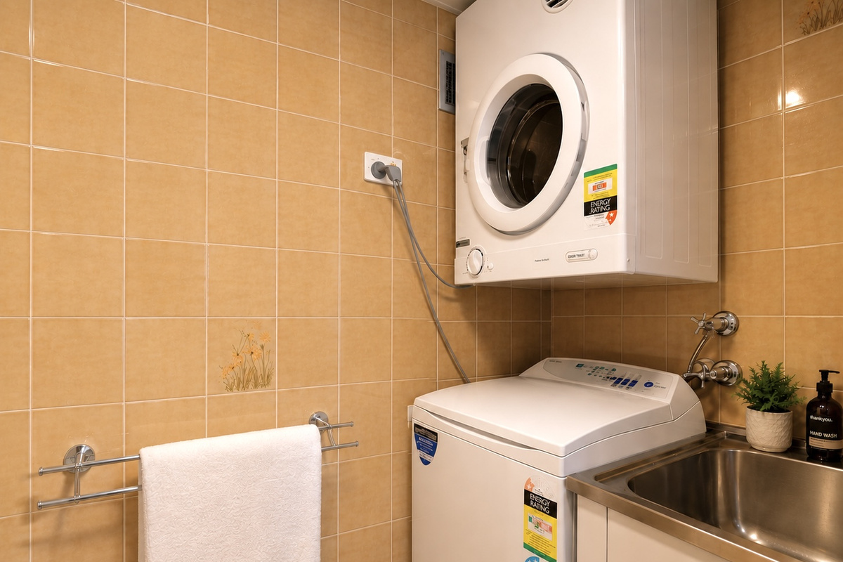 An internal laundry gives this high-rise Surfers Paradise apartment a practical edge, with washer, dryer and sink set up inside the unit.