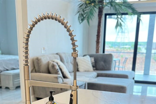 Flexible kitchen sprayer with large deep sink.