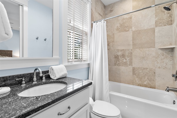 Guest Bathroom adjoining Guest Bedroom with Tub and Shower (baby crib in the closest)