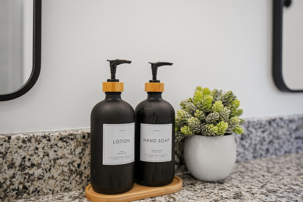 Hand soap and lotion stocked at every sink