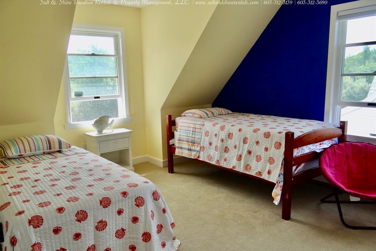 Second floor bunk room with two twins and a full bed.